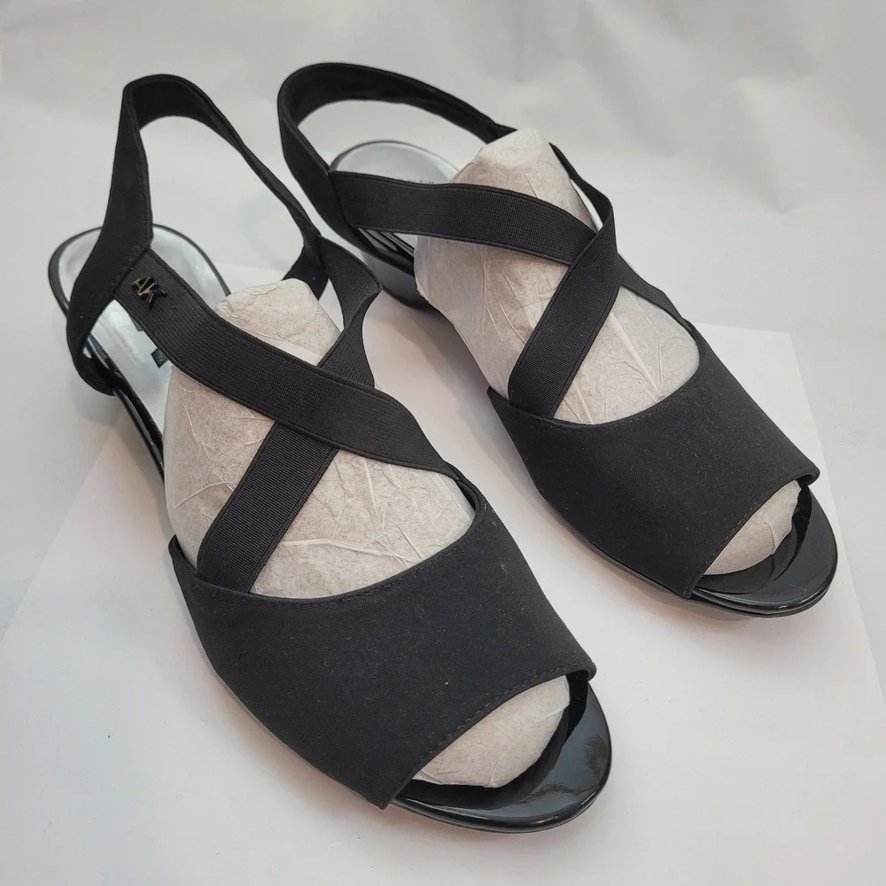 Anne Klein Sport AKMEME Wedge Sandals Womens 11 Black Elastic Straps Slingback